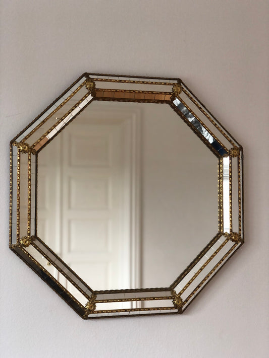 Vintage Venetian Octagon Mirror Hollywood Regency in Gold Spain 1990s