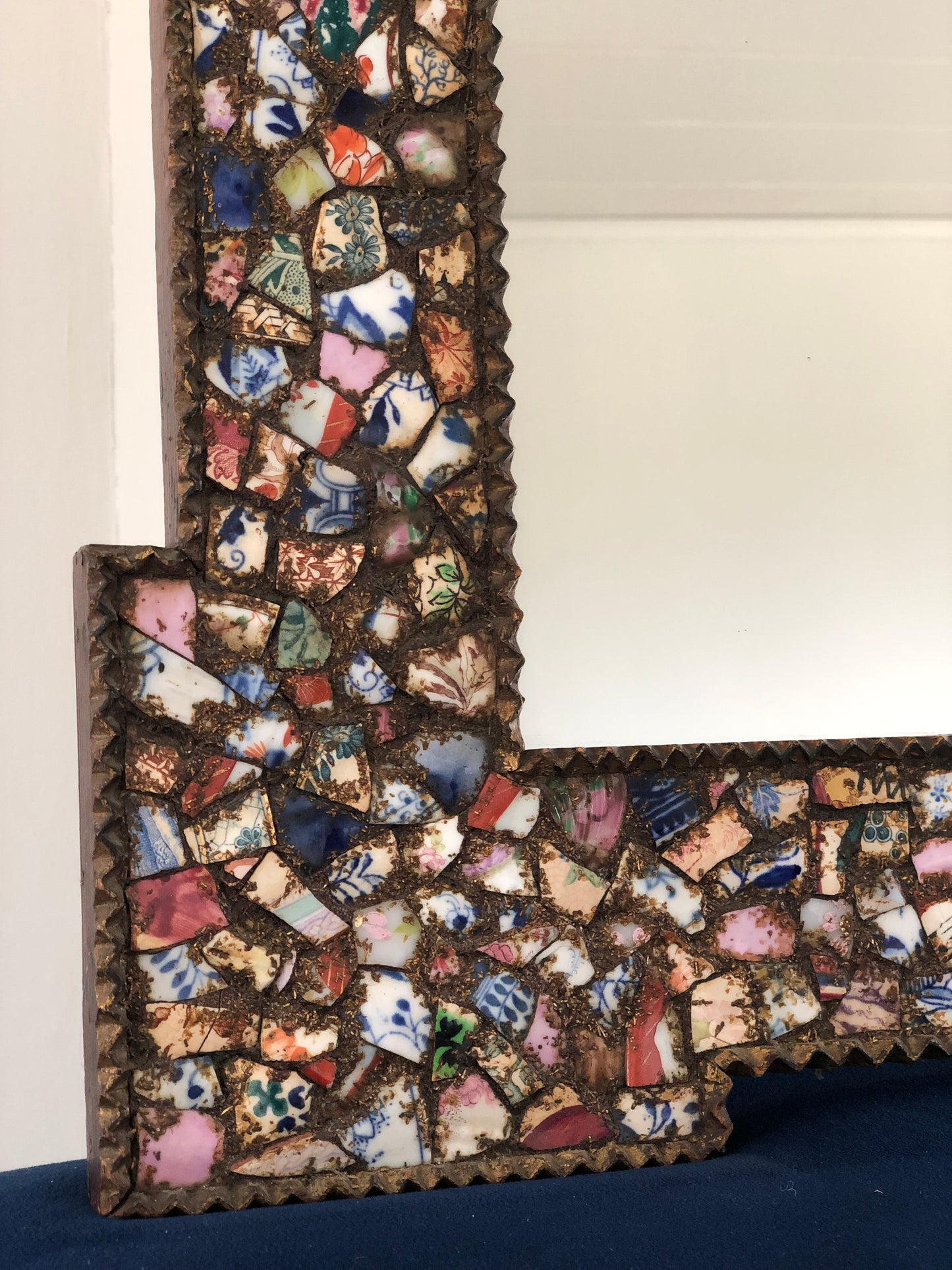 A Pair Colorful Mosaic Decorated Giltwood Mirror Portugal 1950s