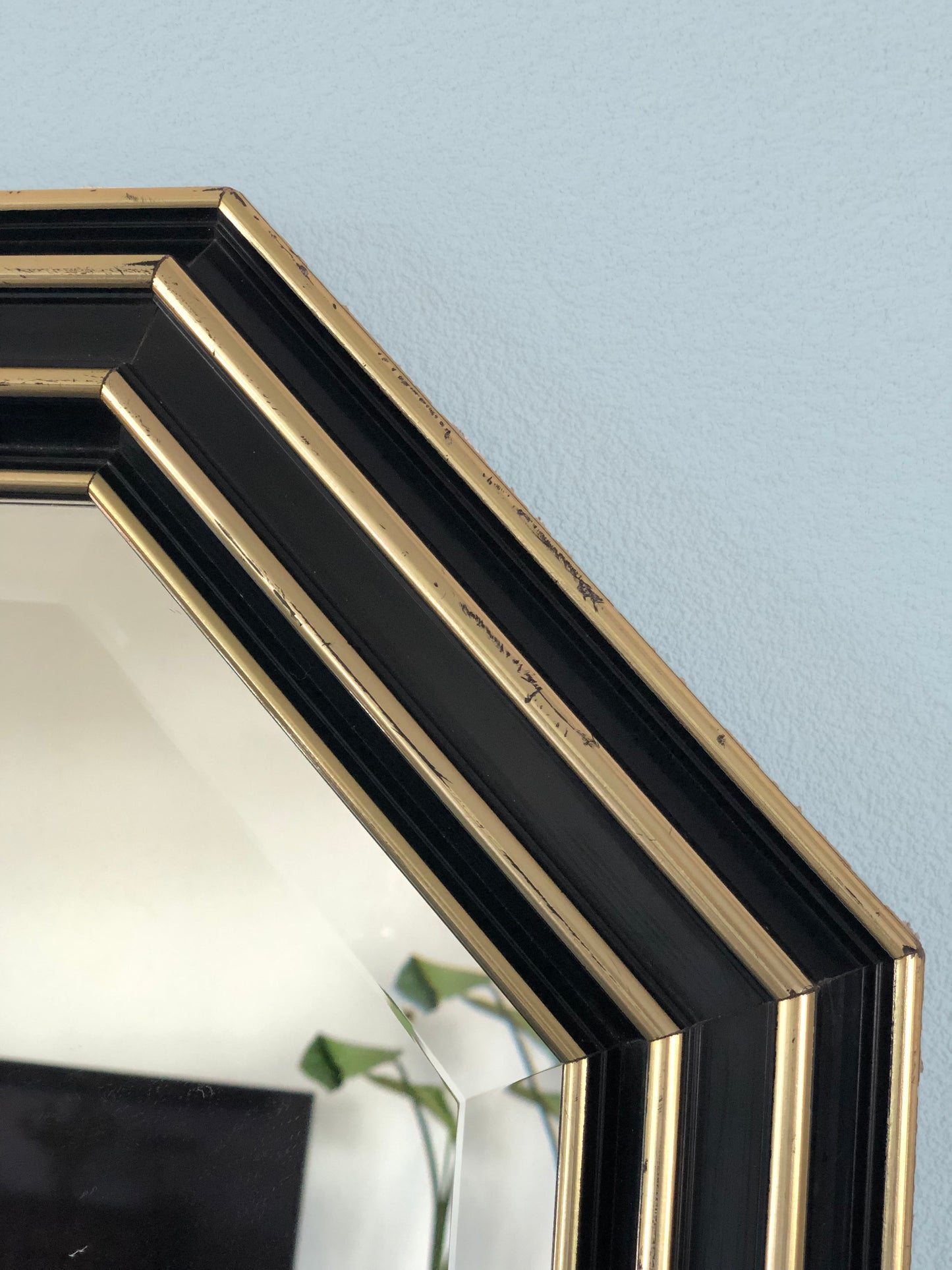 Handcrafted Octagonal Facet Cut Mirror In Black and Gold 1980s