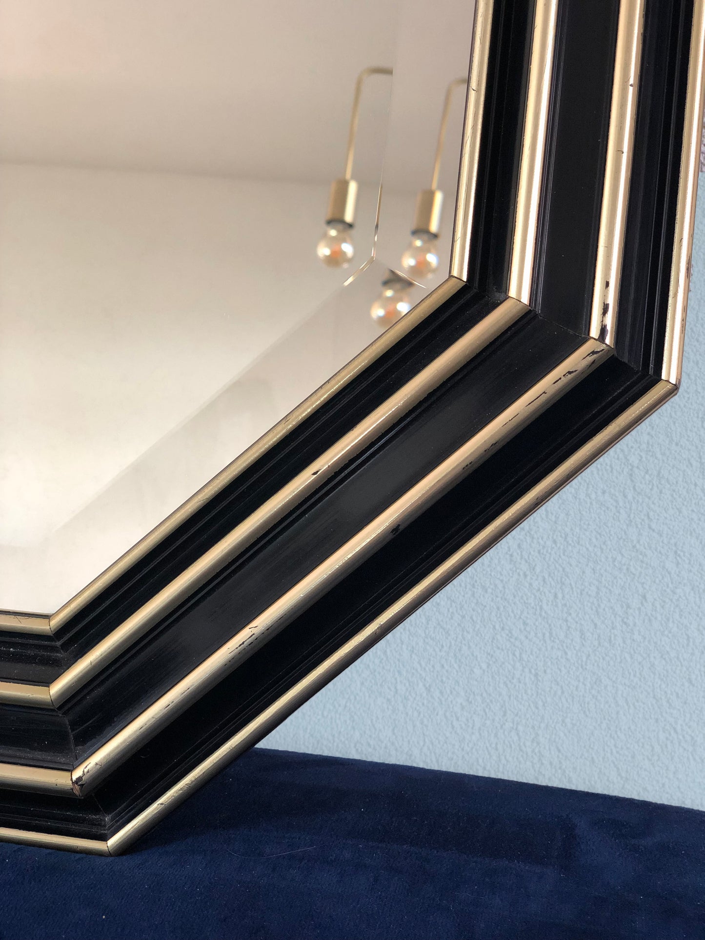 Handcrafted Octagonal Facet Cut Mirror In Black and Gold 1980s