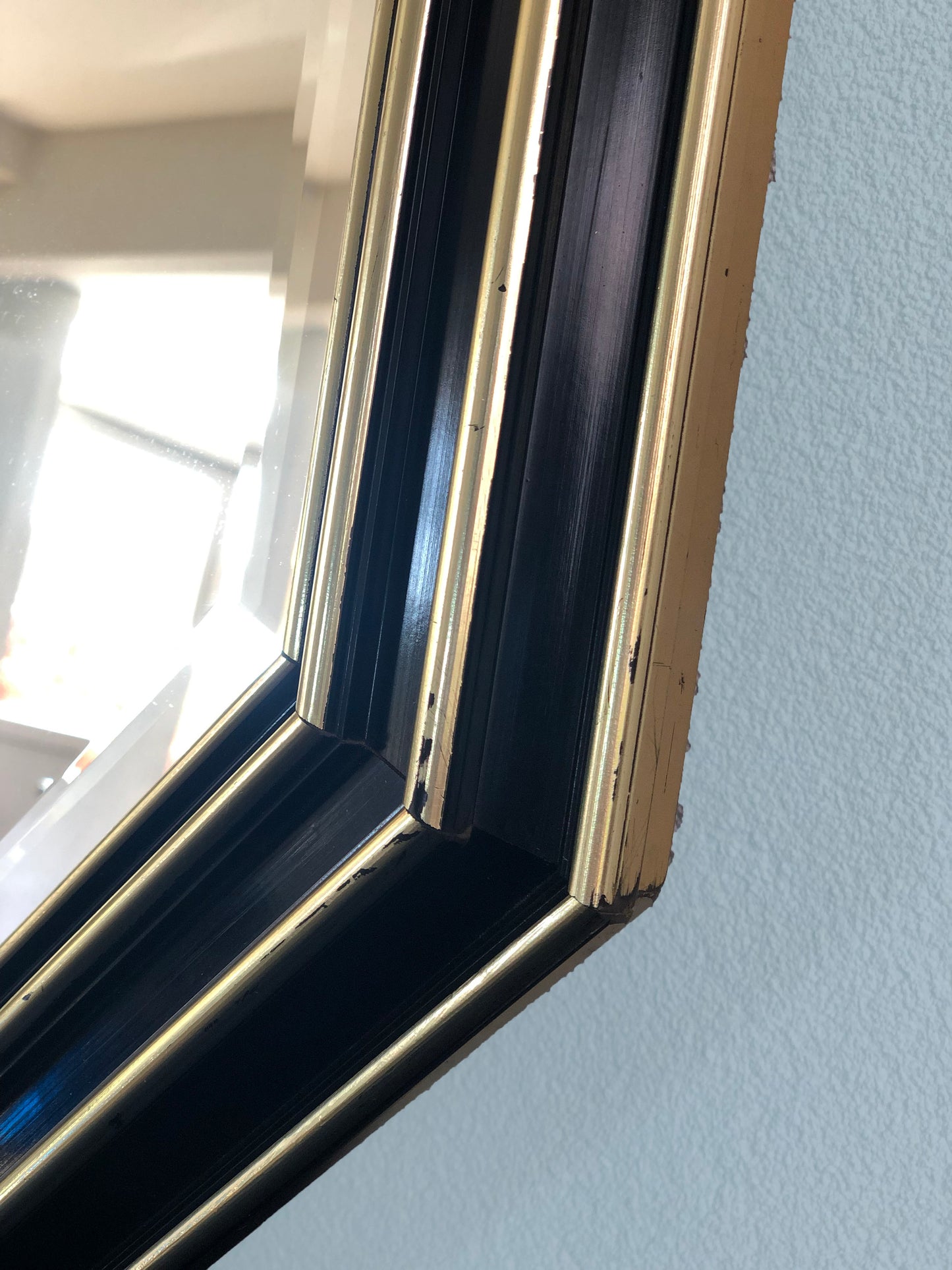 Handcrafted Octagonal Facet Cut Mirror In Black and Gold 1980s
