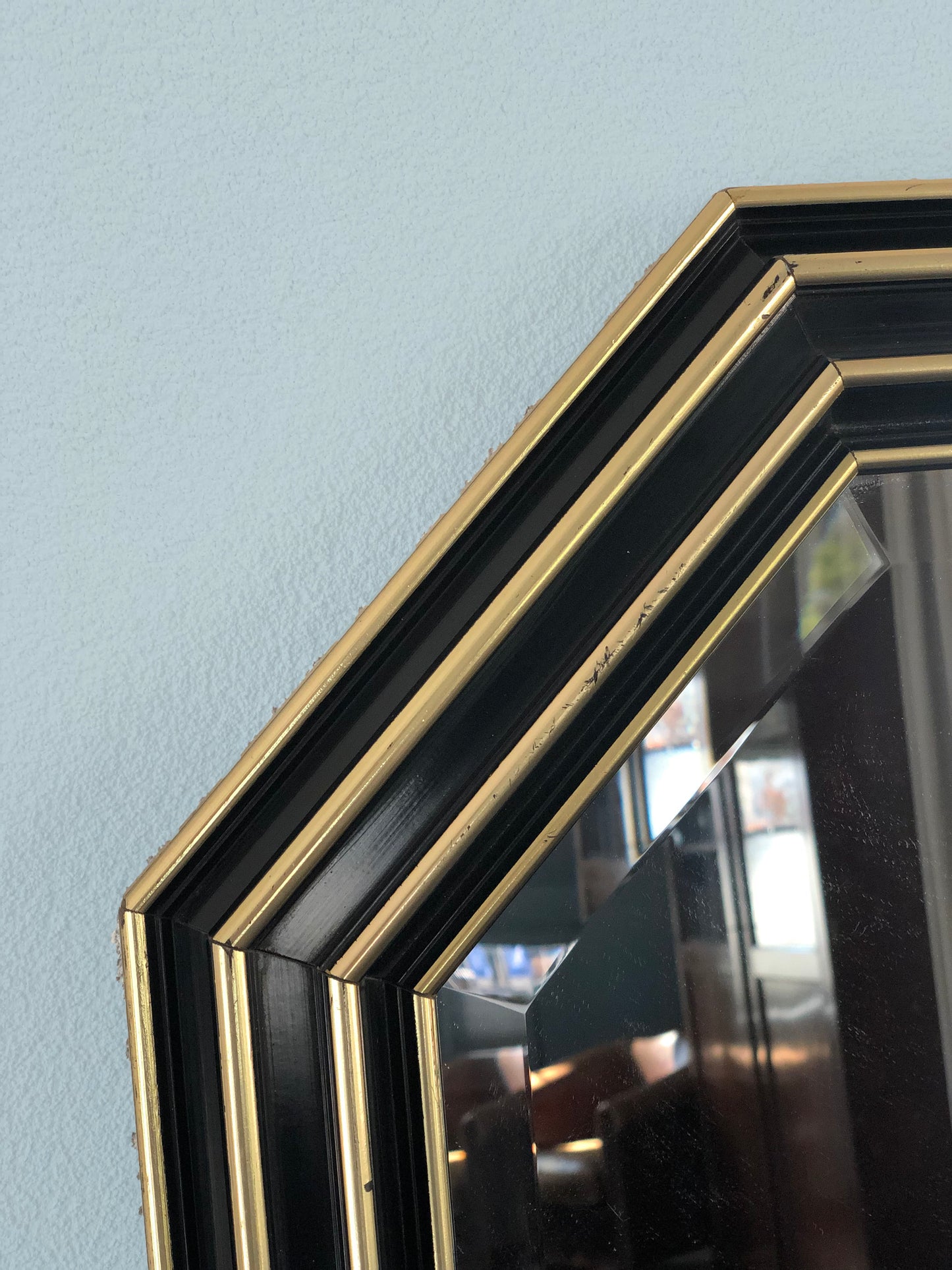 Handcrafted Octagonal Facet Cut Mirror In Black and Gold 1980s