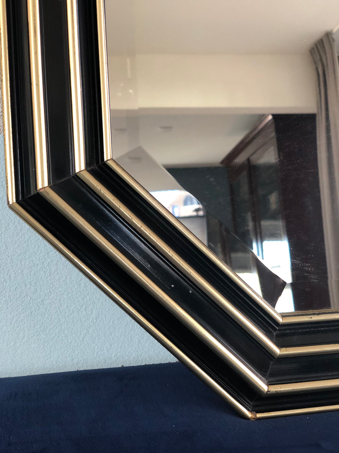 Handcrafted Octagonal Facet Cut Mirror In Black and Gold 1980s