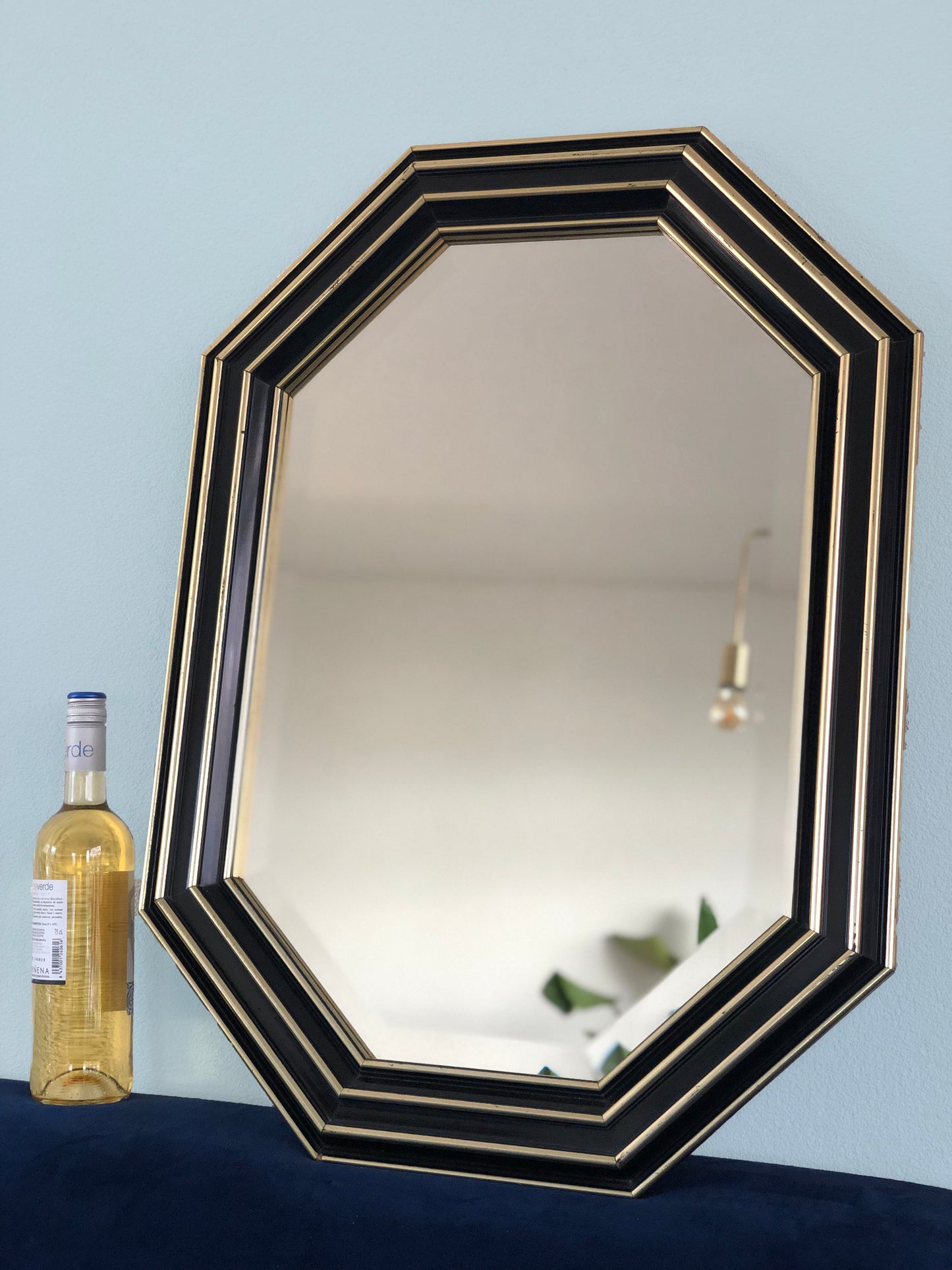 Handcrafted Octagonal Facet Cut Mirror In Black and Gold 1980s