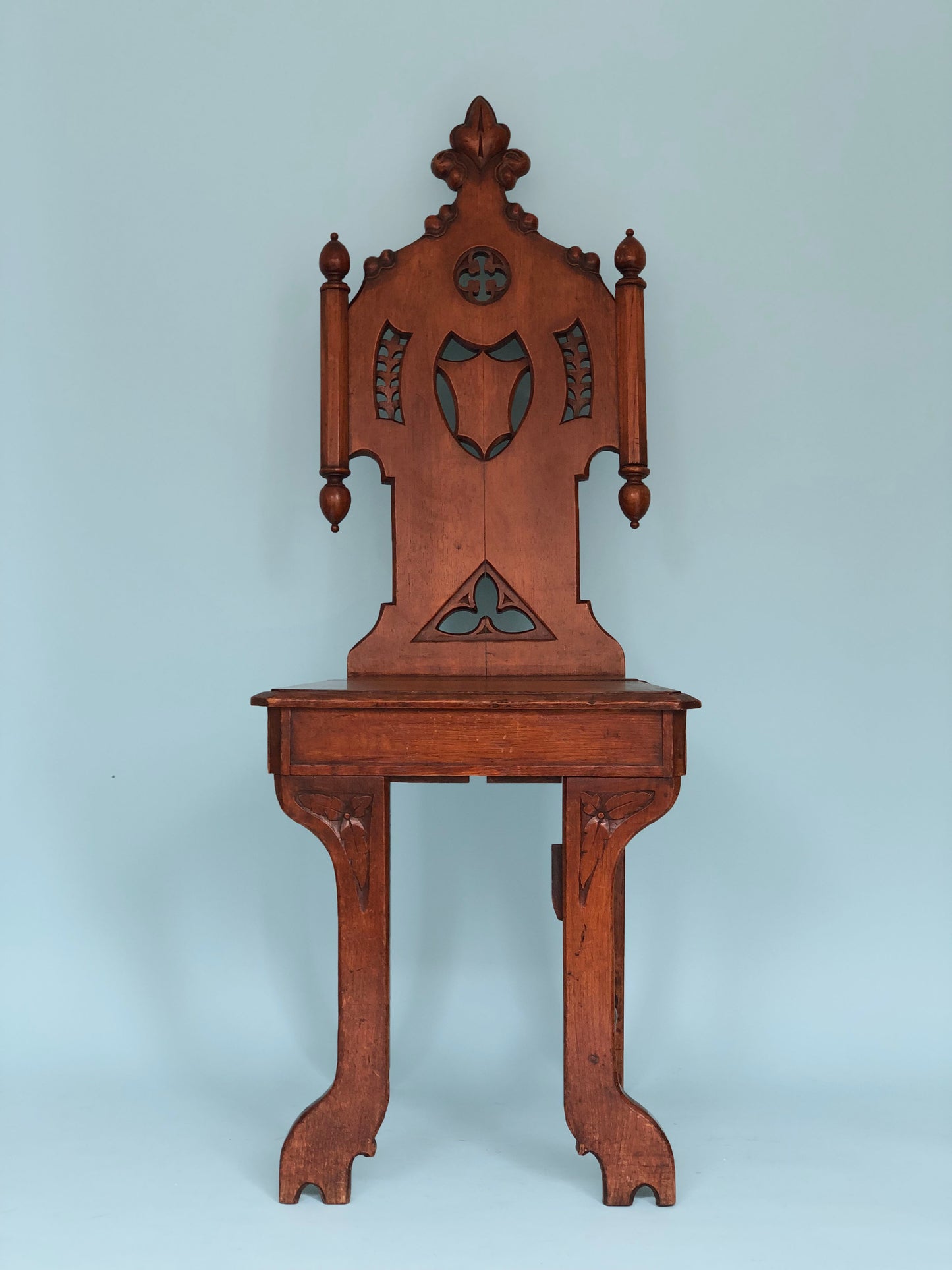 Victorian Gothic Revival Carved Oak Hall Chair Set of 2