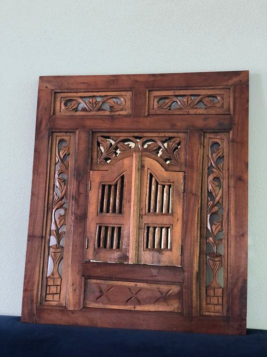 Vintage Balinese Hand Carved Shuttered Door Mirror 1950s