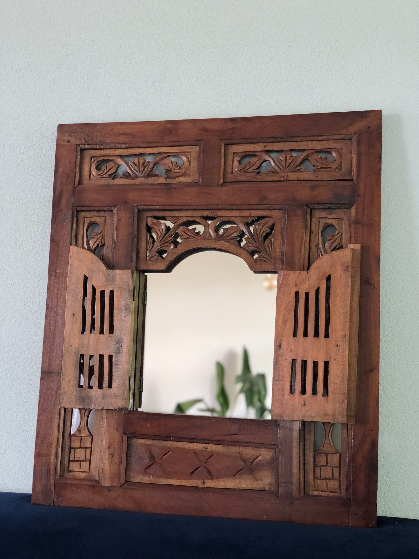 Vintage Balinese Hand Carved Shuttered Door Mirror 1950s
