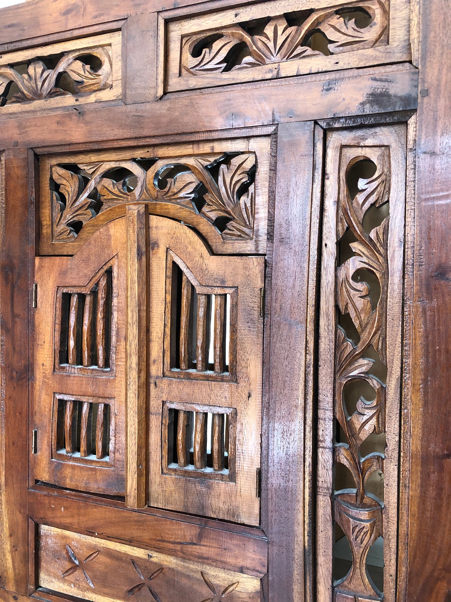 Vintage Balinese Hand Carved Shuttered Door Mirror 1950s