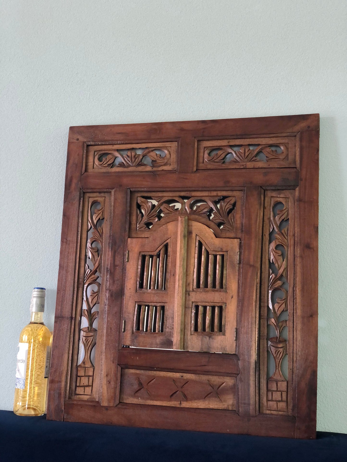 Vintage Balinese Hand Carved Shuttered Door Mirror 1950s