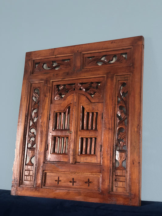 Vintage 1950s Balinese Hand Carved Shuttered Door Mirror
