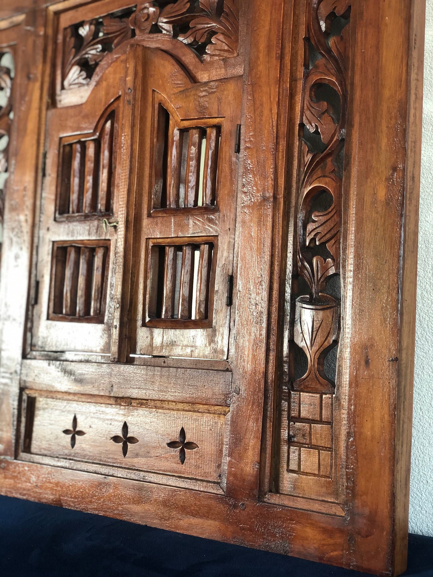 Vintage 1950s Balinese Hand Carved Shuttered Door Mirror