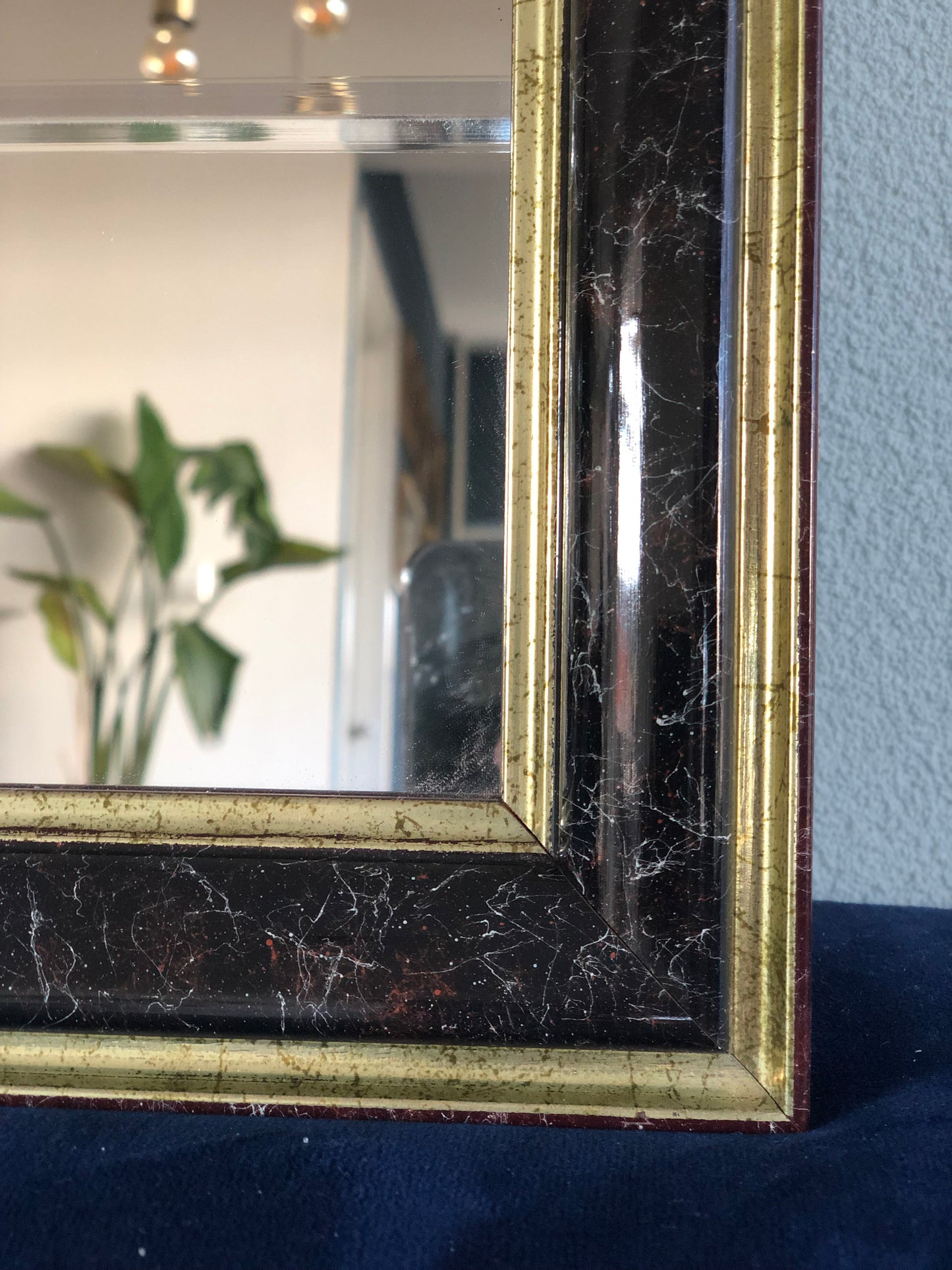 Facet Cut Mirror In Black And Gold Hollywood Regency 1980s
