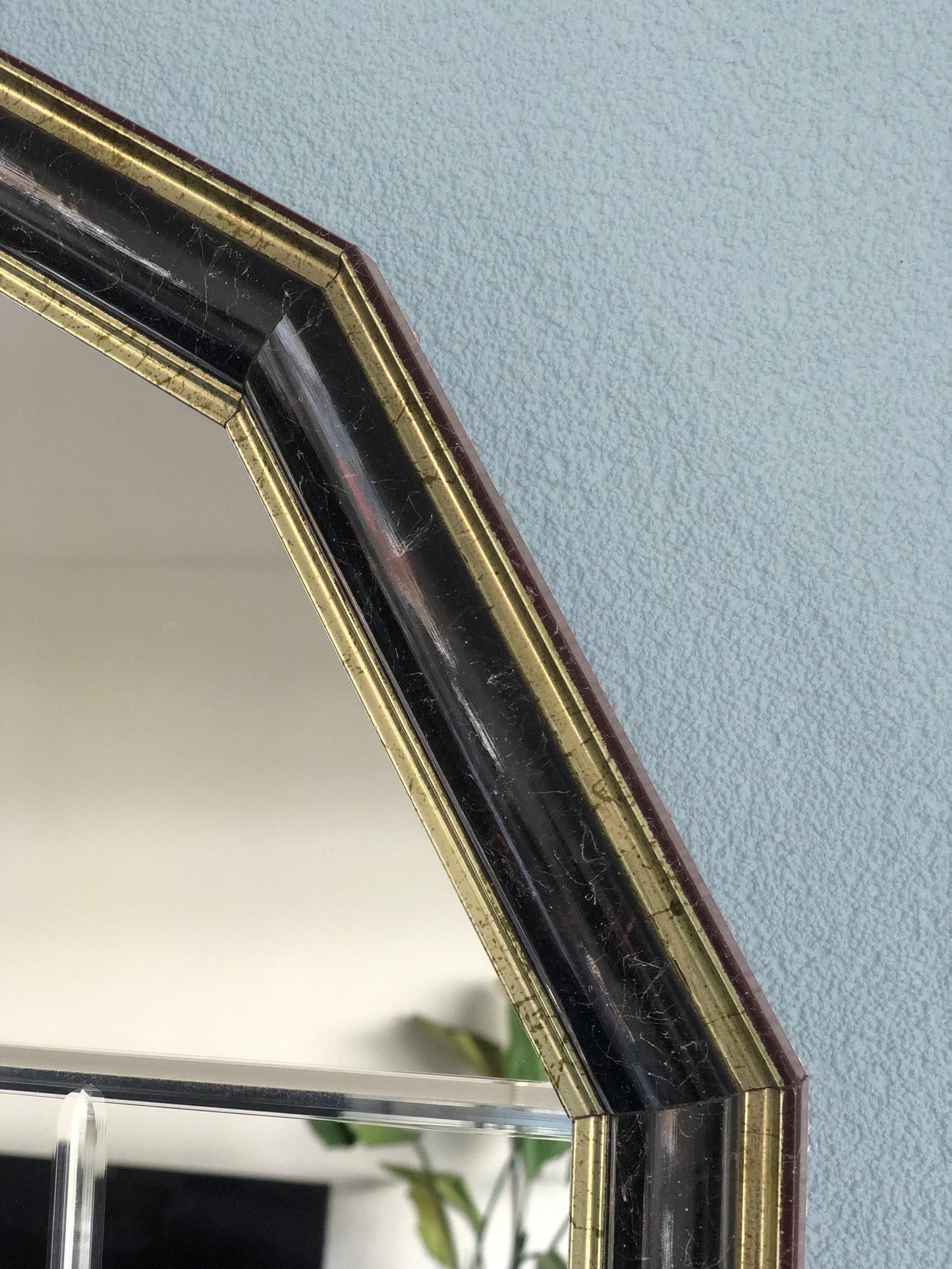 Facet Cut Mirror In Black And Gold Hollywood Regency 1980s