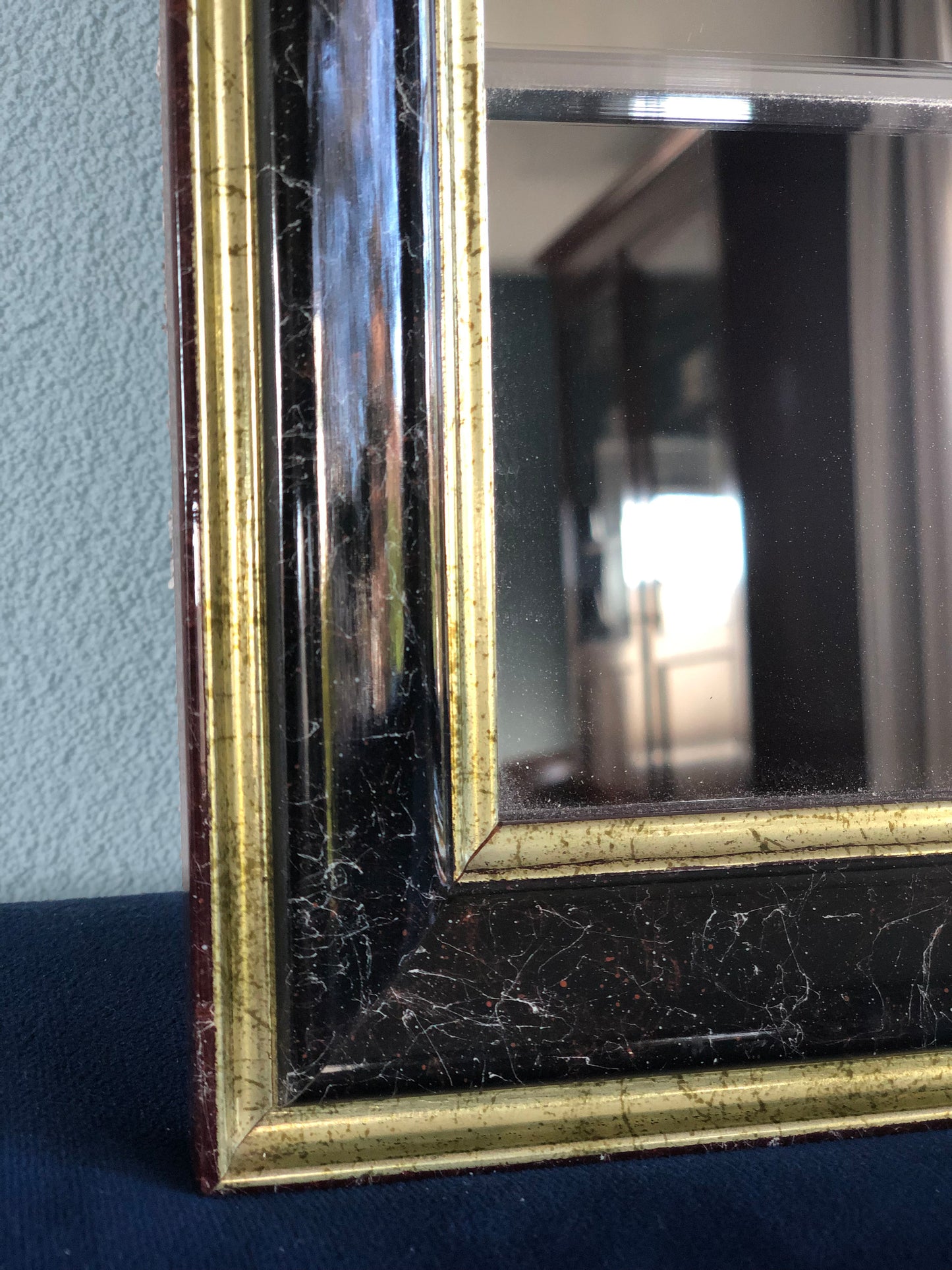 Facet Cut Mirror In Black And Gold Hollywood Regency 1980s