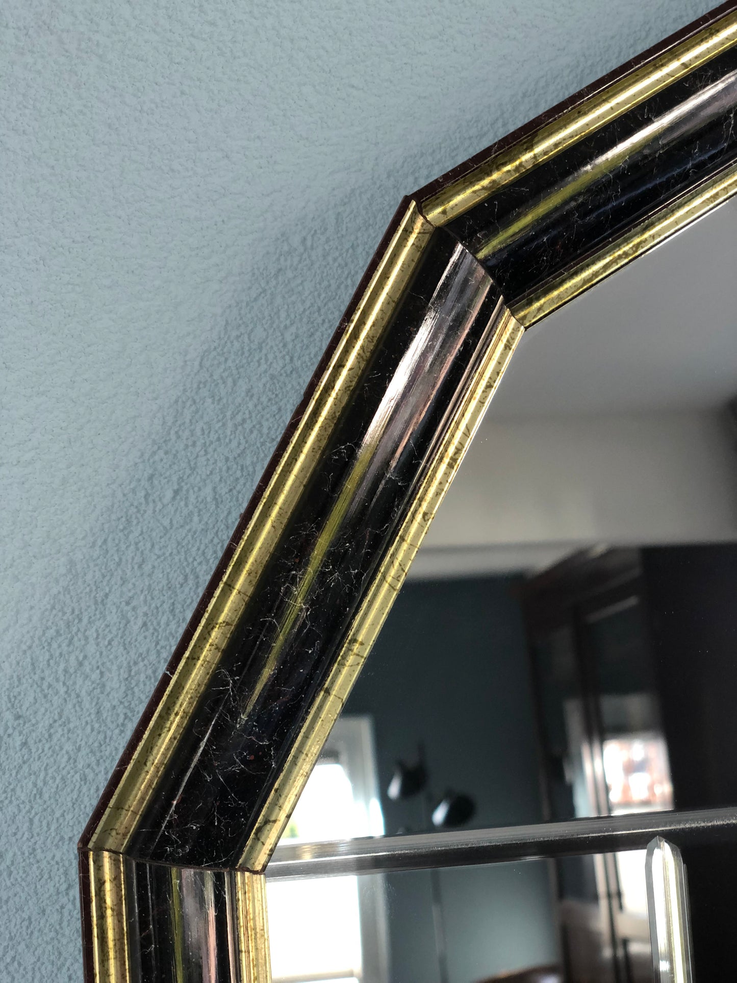 Facet Cut Mirror In Black And Gold Hollywood Regency 1980s