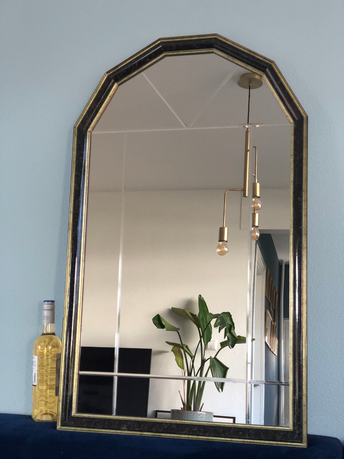 Facet Cut Mirror In Black And Gold Hollywood Regency 1980s