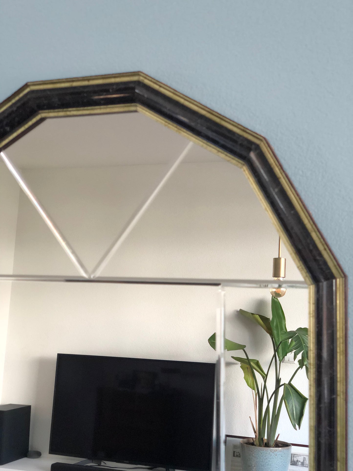 Facet Cut Mirror In Black And Gold Hollywood Regency 1980s