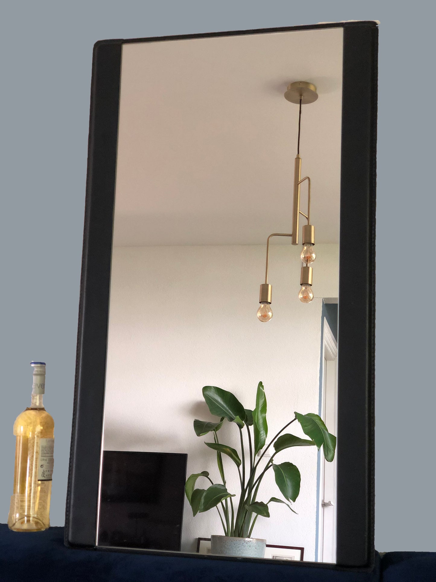Vintage Leather Rectangular Mirror Jacques Adnet Style 1960s