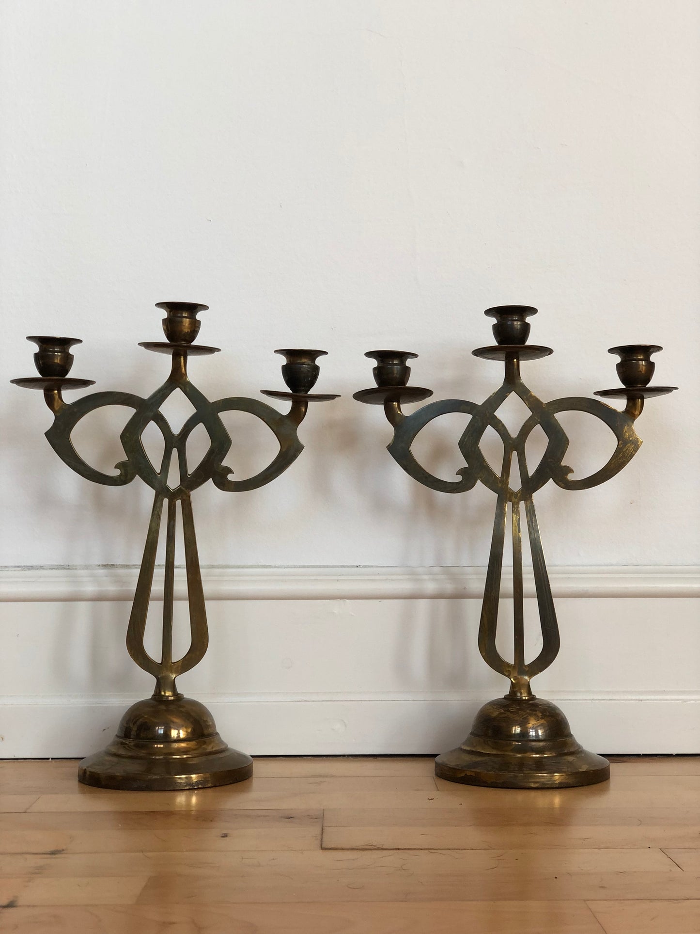 A Pair of Brass Art Noveau Candlesticks with 3 Arms Denmark