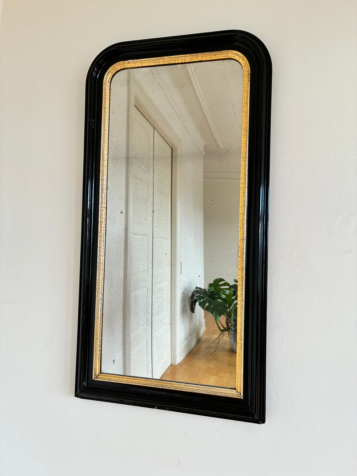 Antique Dutch Louis Philippe Style Full Length Mirror – Black and Gold, Late 19th Century