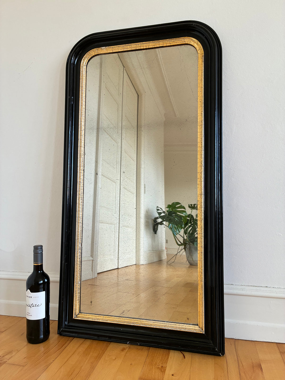 Antique Dutch Louis Philippe Style Full Length Mirror – Black and Gold, Late 19th Century