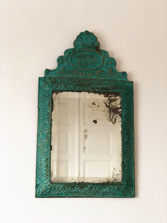 Antique Embossed Pressed-Metal (Tole) Mirror with a Green Patina Finish and Gilt Highlights Rococo