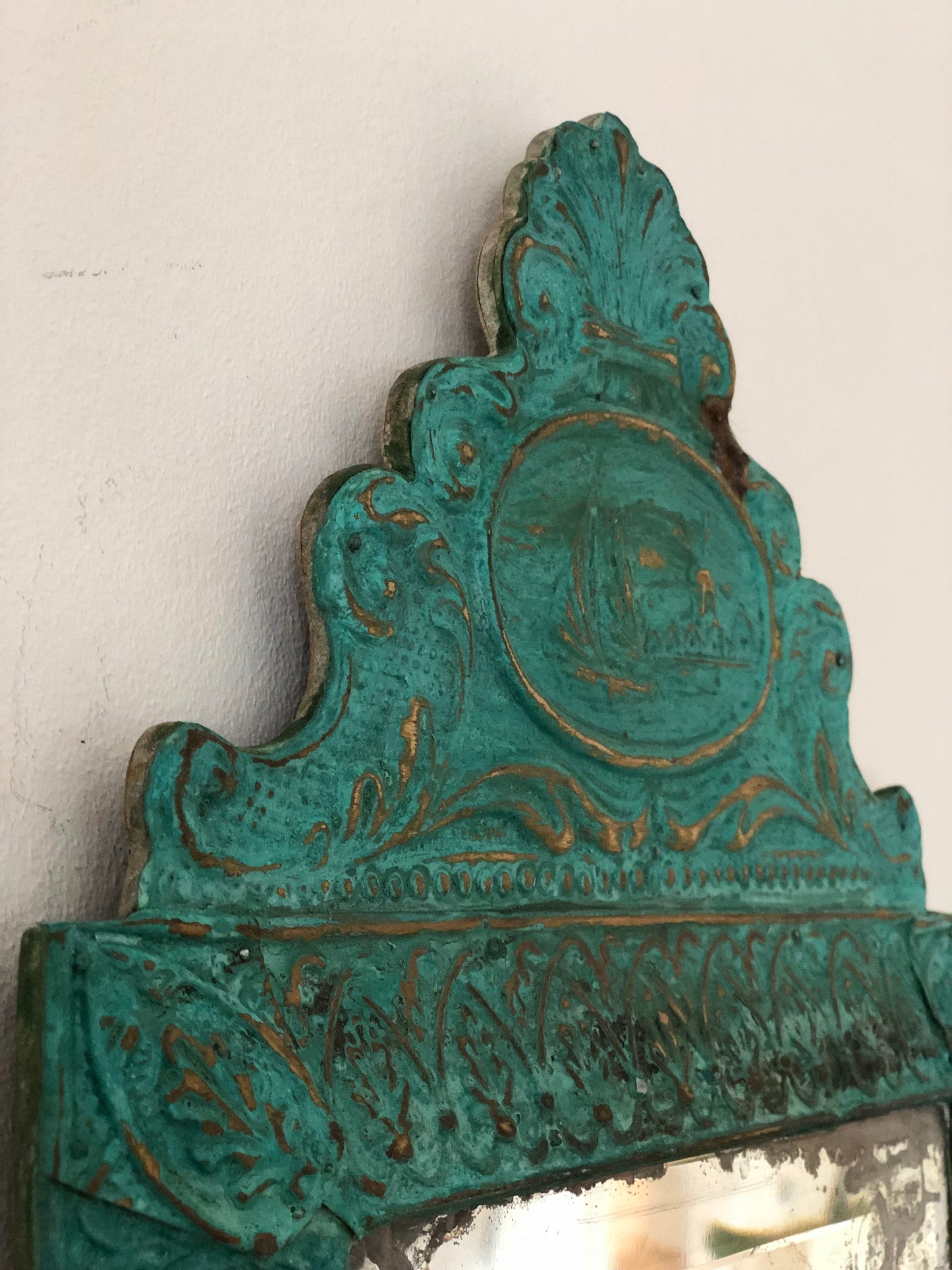 Antique Embossed Pressed-Metal (Tole) Mirror with a Green Patina Finish and Gilt Highlights Rococo