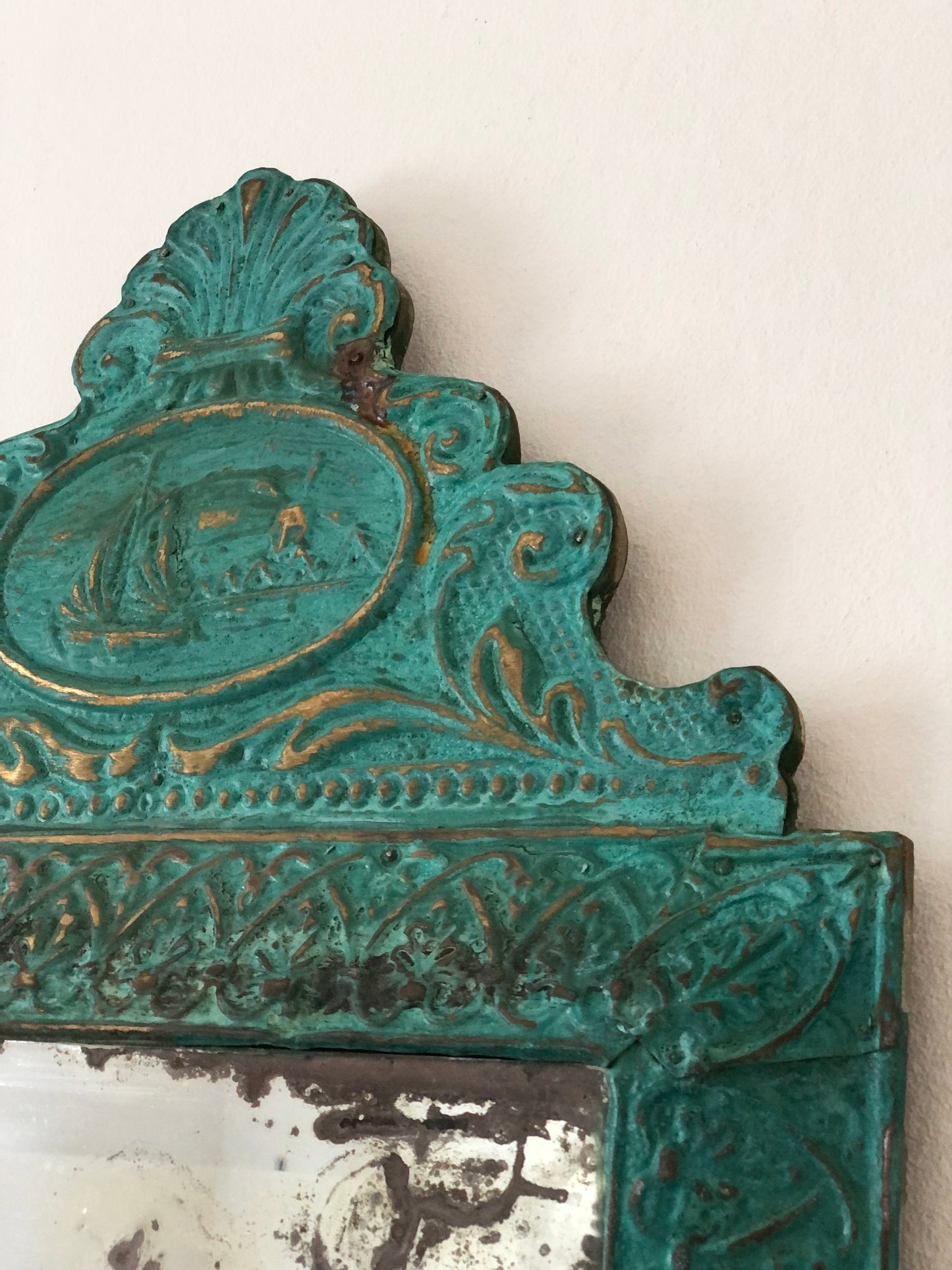 Antique Embossed Pressed-Metal (Tole) Mirror with a Green Patina Finish and Gilt Highlights Rococo