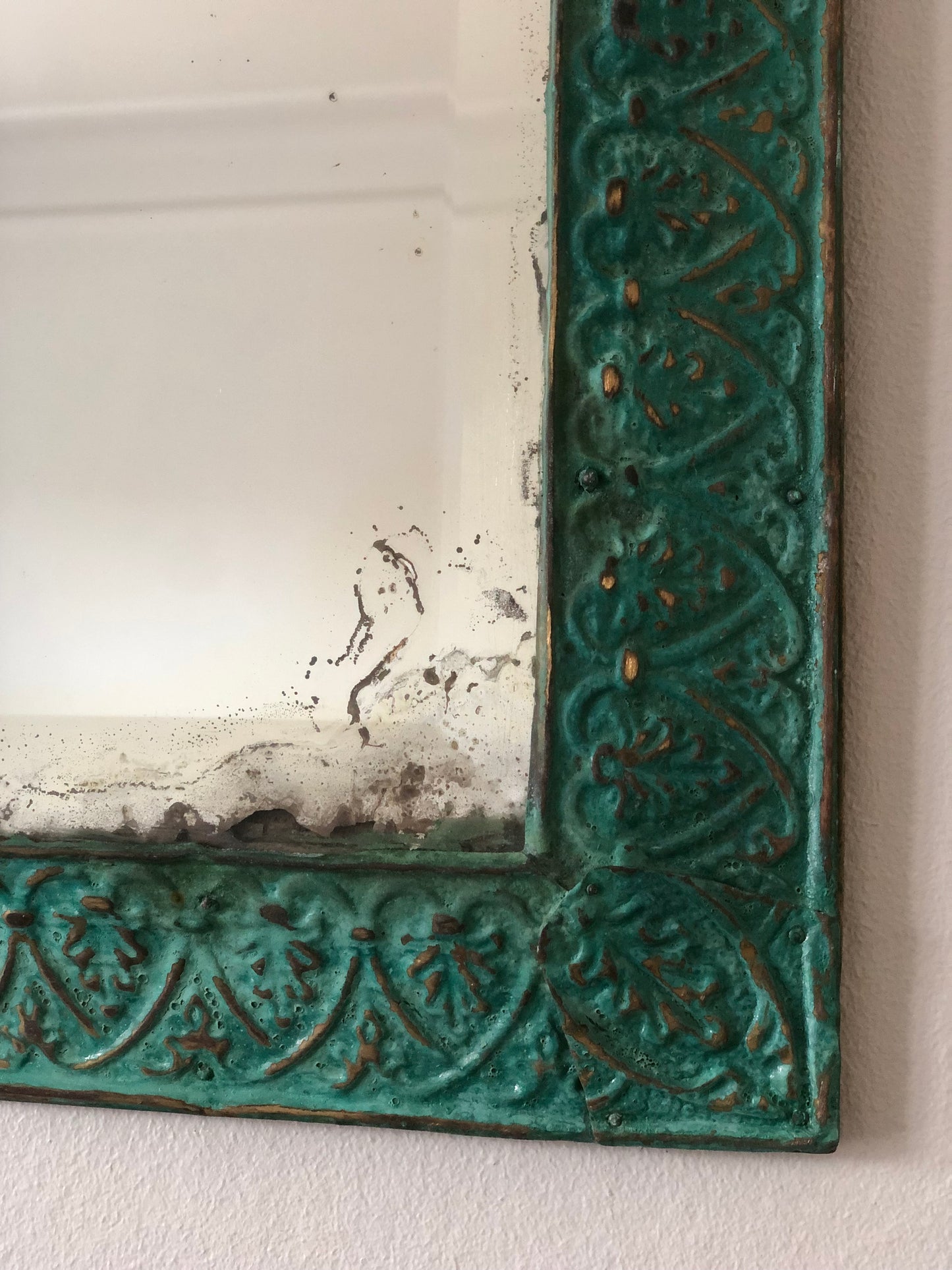 Antique Embossed Pressed-Metal (Tole) Mirror with a Green Patina Finish and Gilt Highlights Rococo