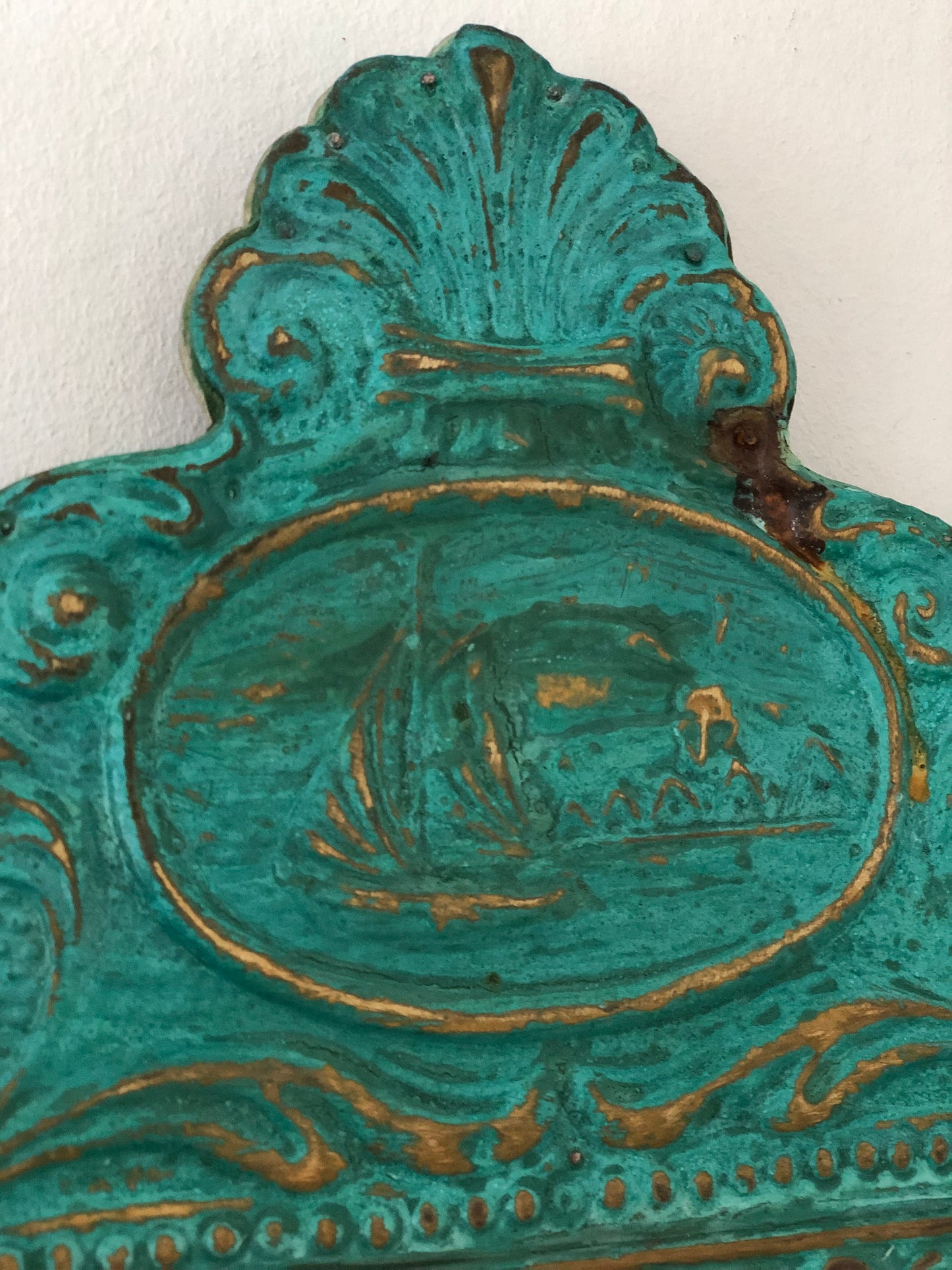 Antique Embossed Pressed-Metal (Tole) Mirror with a Green Patina Finish and Gilt Highlights Rococo