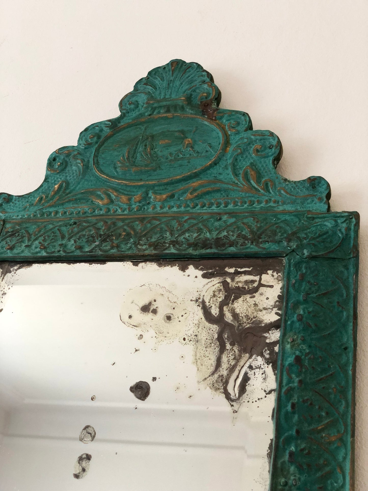 Antique Embossed Pressed-Metal (Tole) Mirror with a Green Patina Finish and Gilt Highlights Rococo