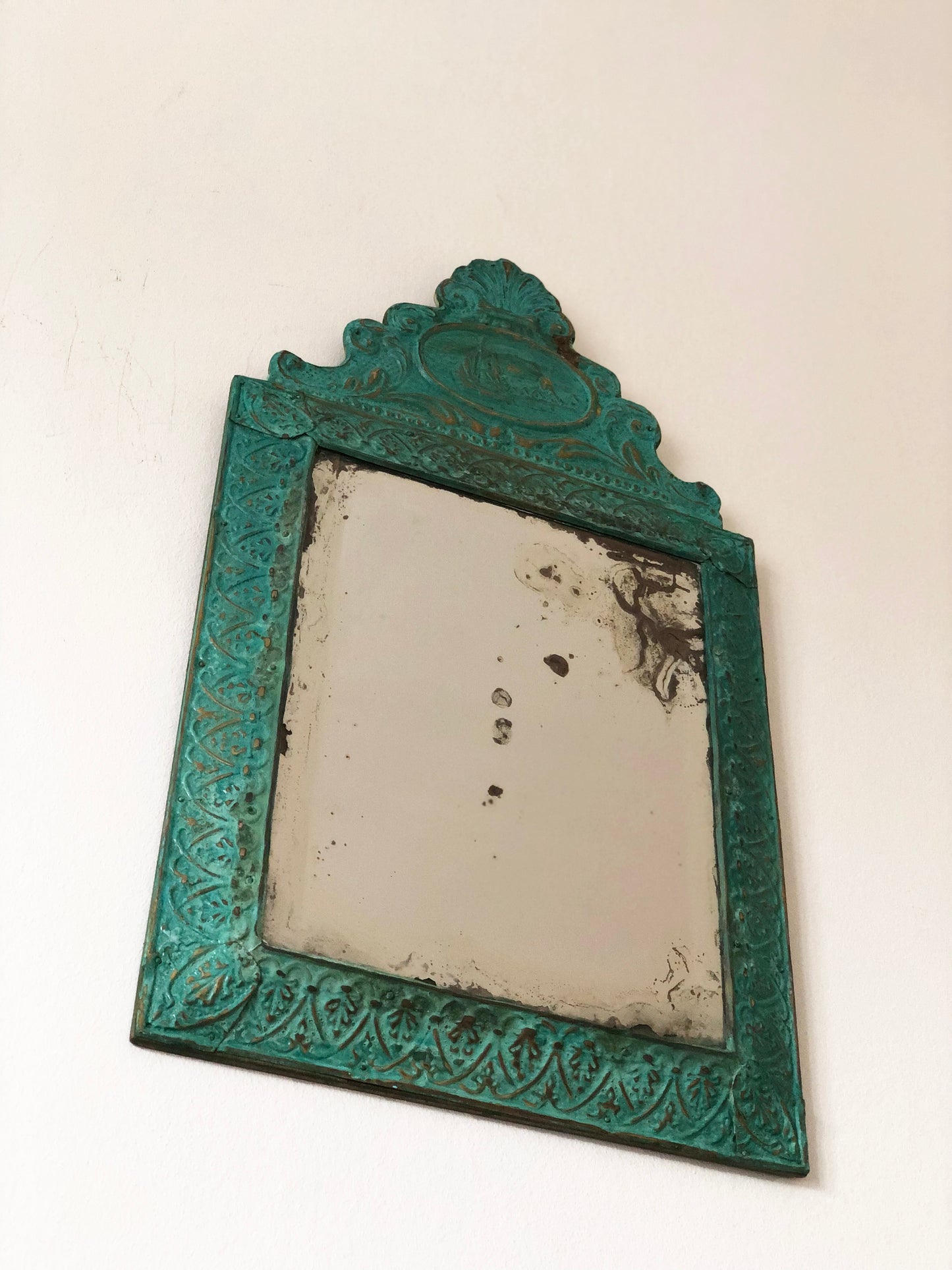 Antique Embossed Pressed-Metal (Tole) Mirror with a Green Patina Finish and Gilt Highlights Rococo