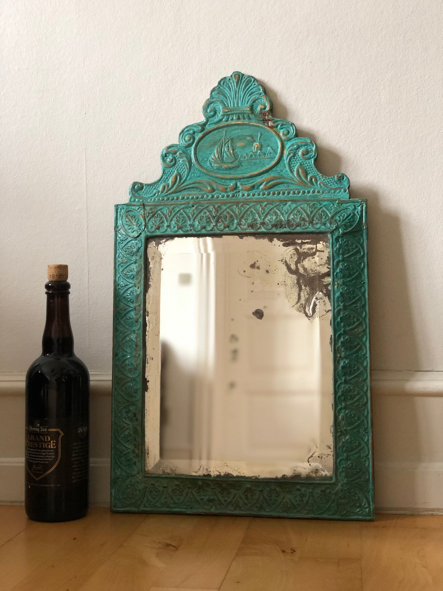 Antique Embossed Pressed-Metal (Tole) Mirror with a Green Patina Finish and Gilt Highlights Rococo