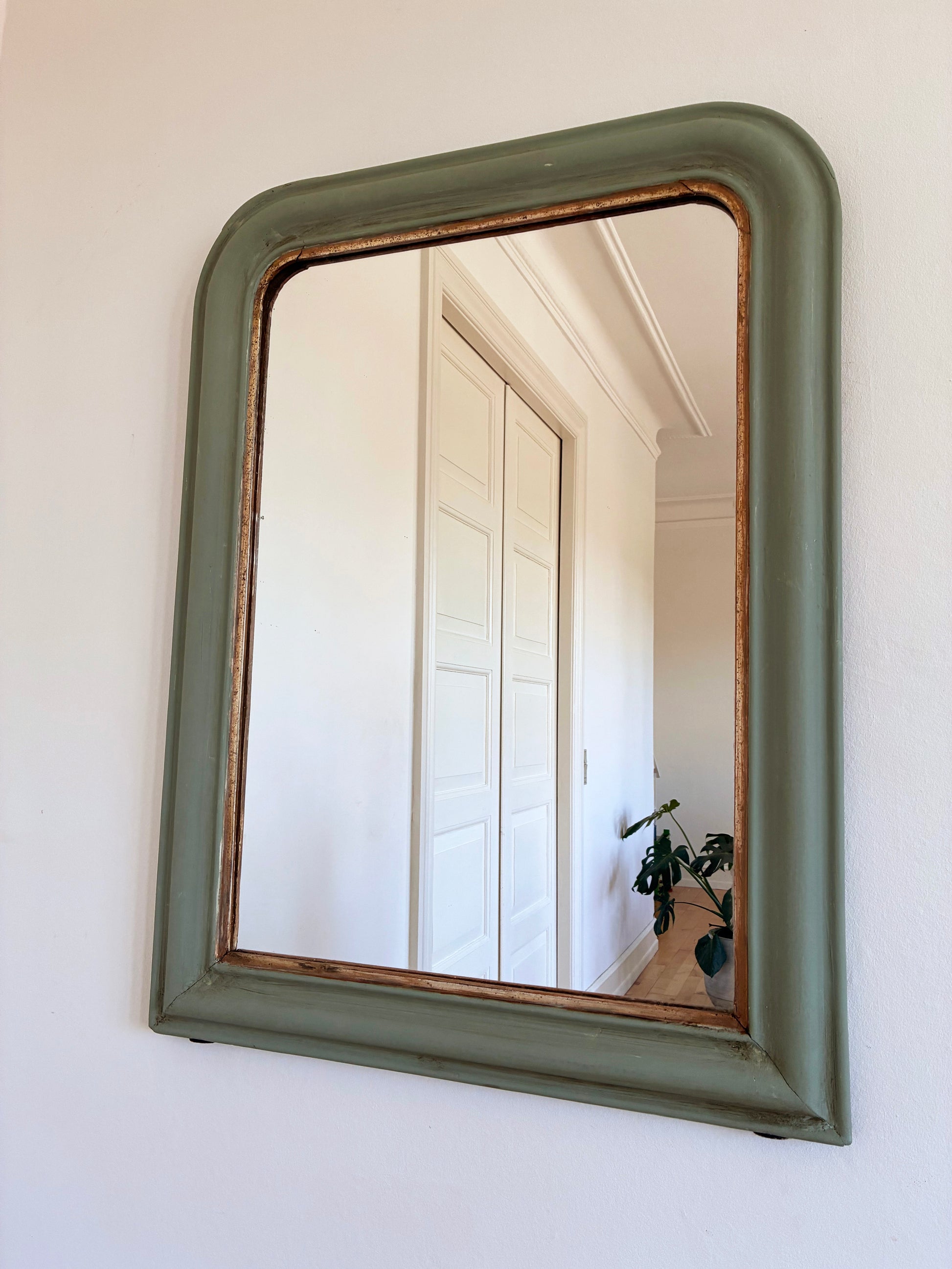 Large Antique French Louis Philippe Mirror – Green and Gold, Late 19th Century