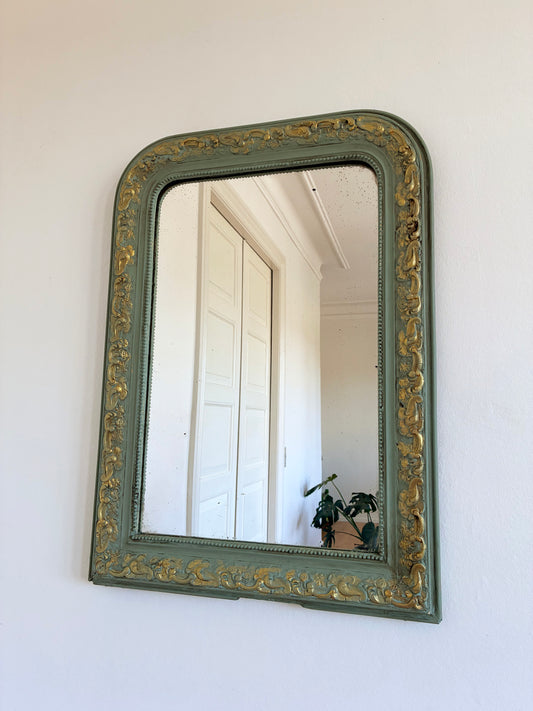 Large Antique French Louis Philippe Mirror – Green and Gold, Late 19th Century