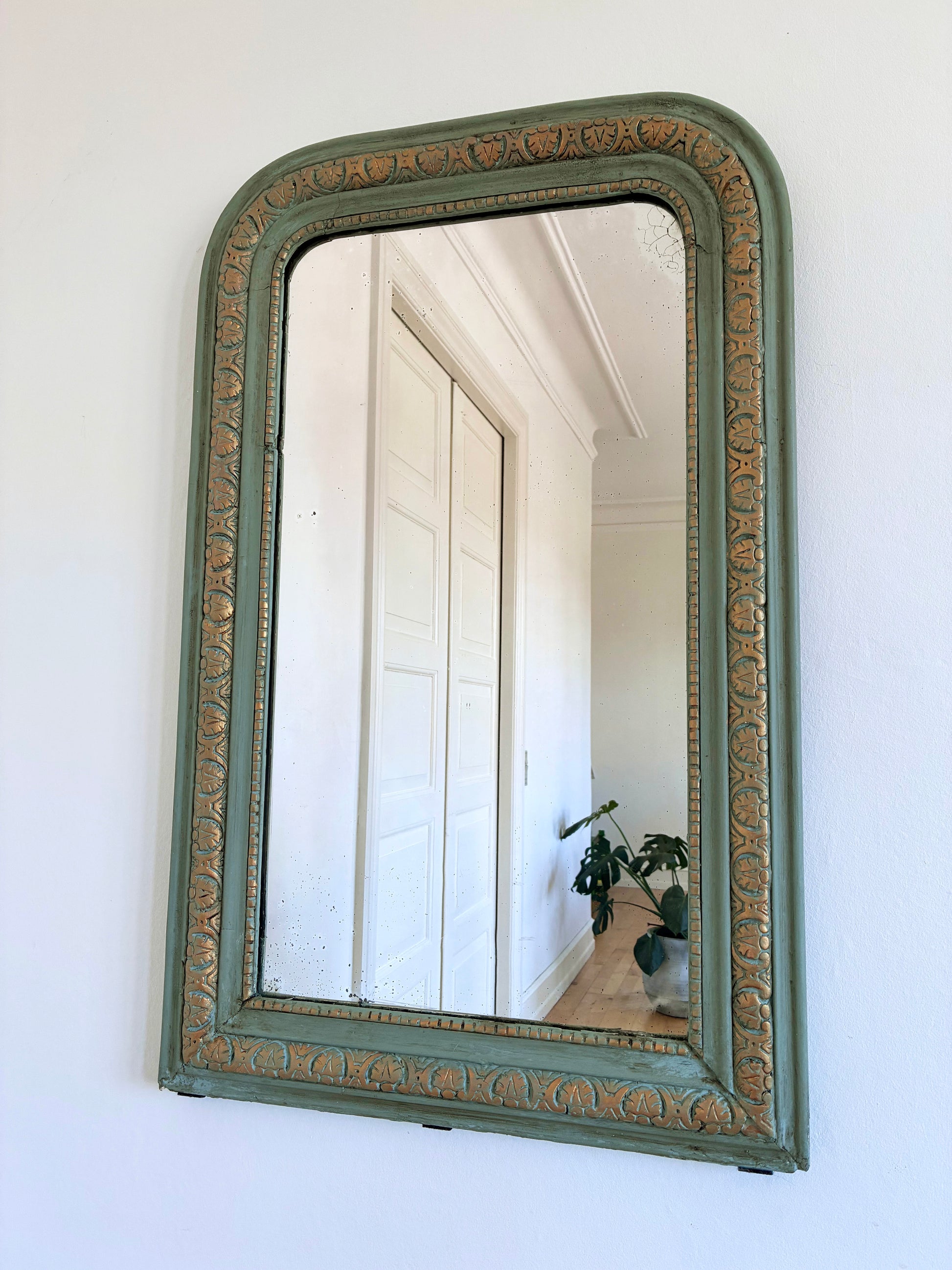 Large Antique French Louis Philippe Mirror – Green and Gold, Late 19th Century