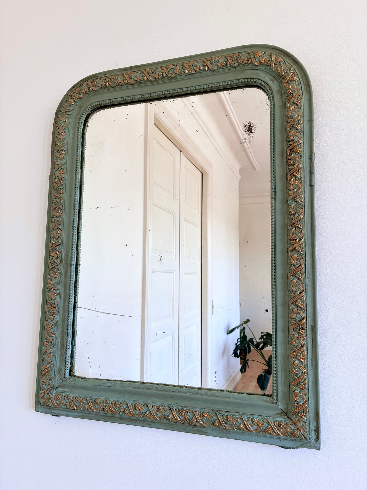 Antique French Louis Philippe Mirror – Green and Gold, Late 19th Century