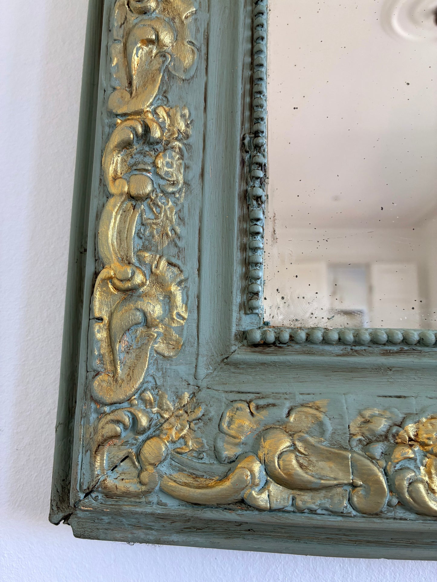 Large Antique French Louis Philippe Mirror – Green and Gold, Late 19th Century