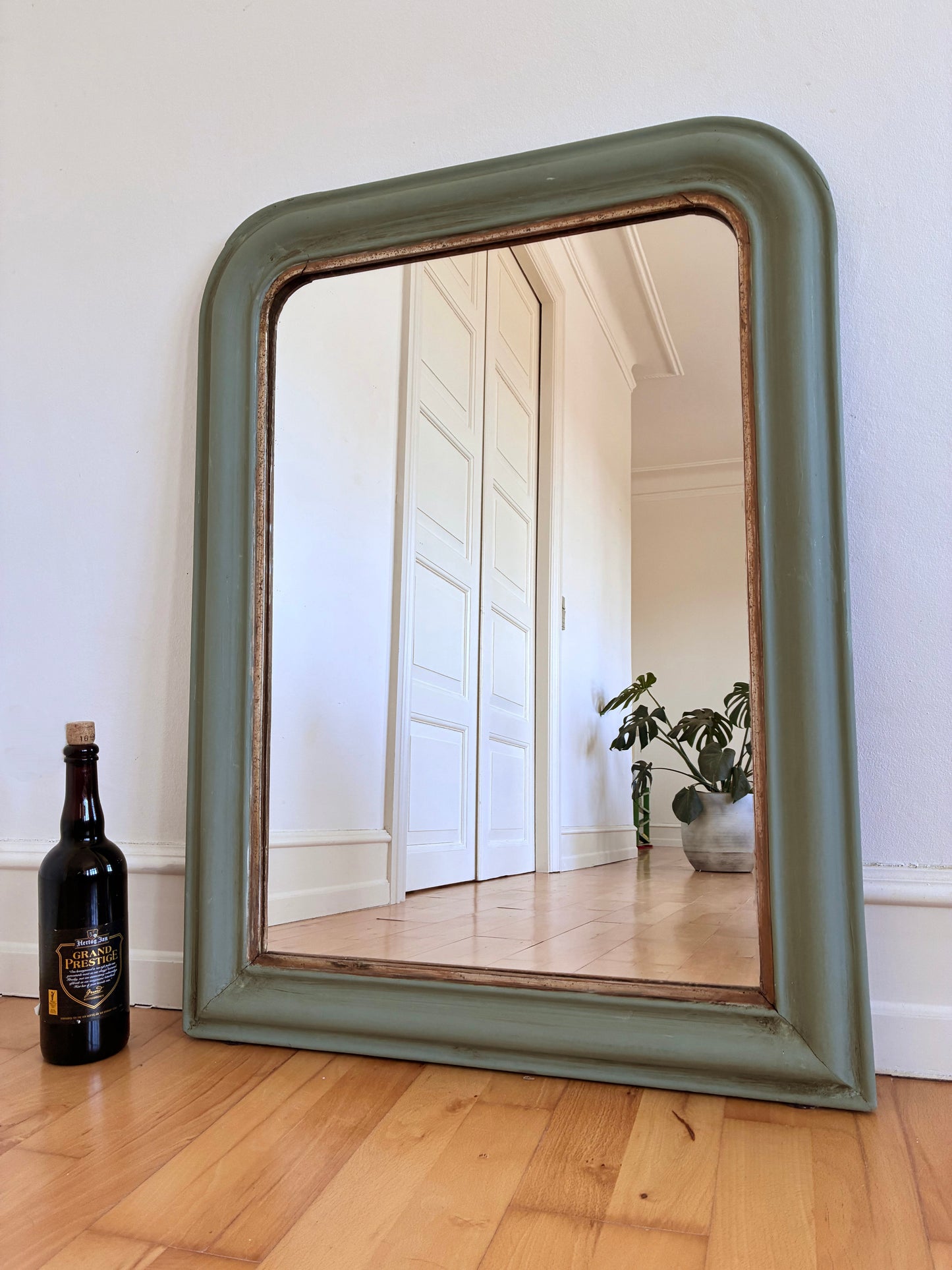 Large Antique French Louis Philippe Mirror – Green and Gold, Late 19th Century