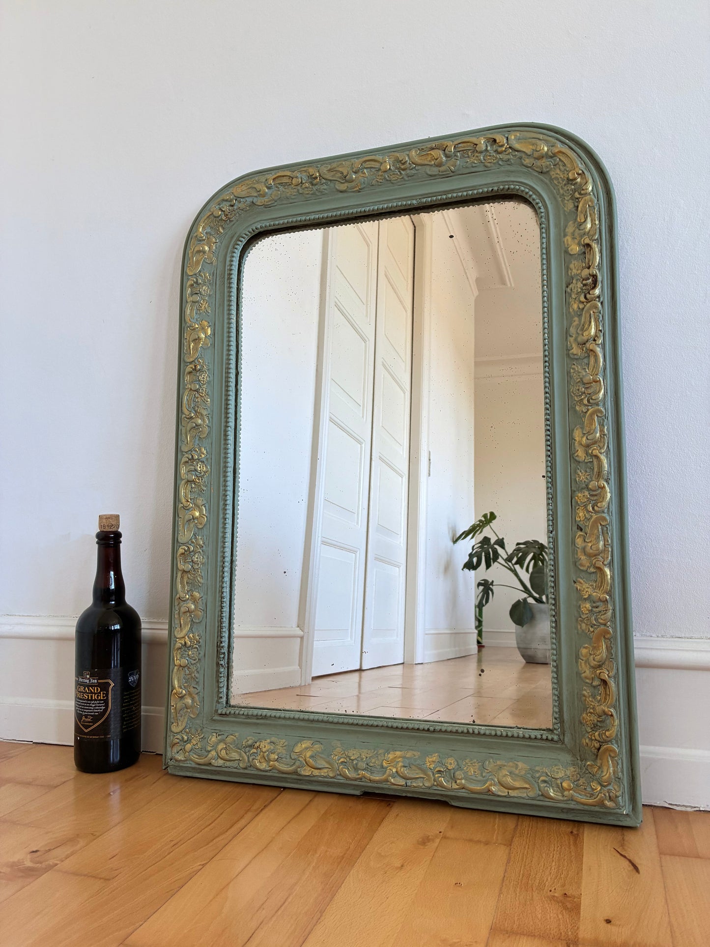 Large Antique French Louis Philippe Mirror – Green and Gold, Late 19th Century