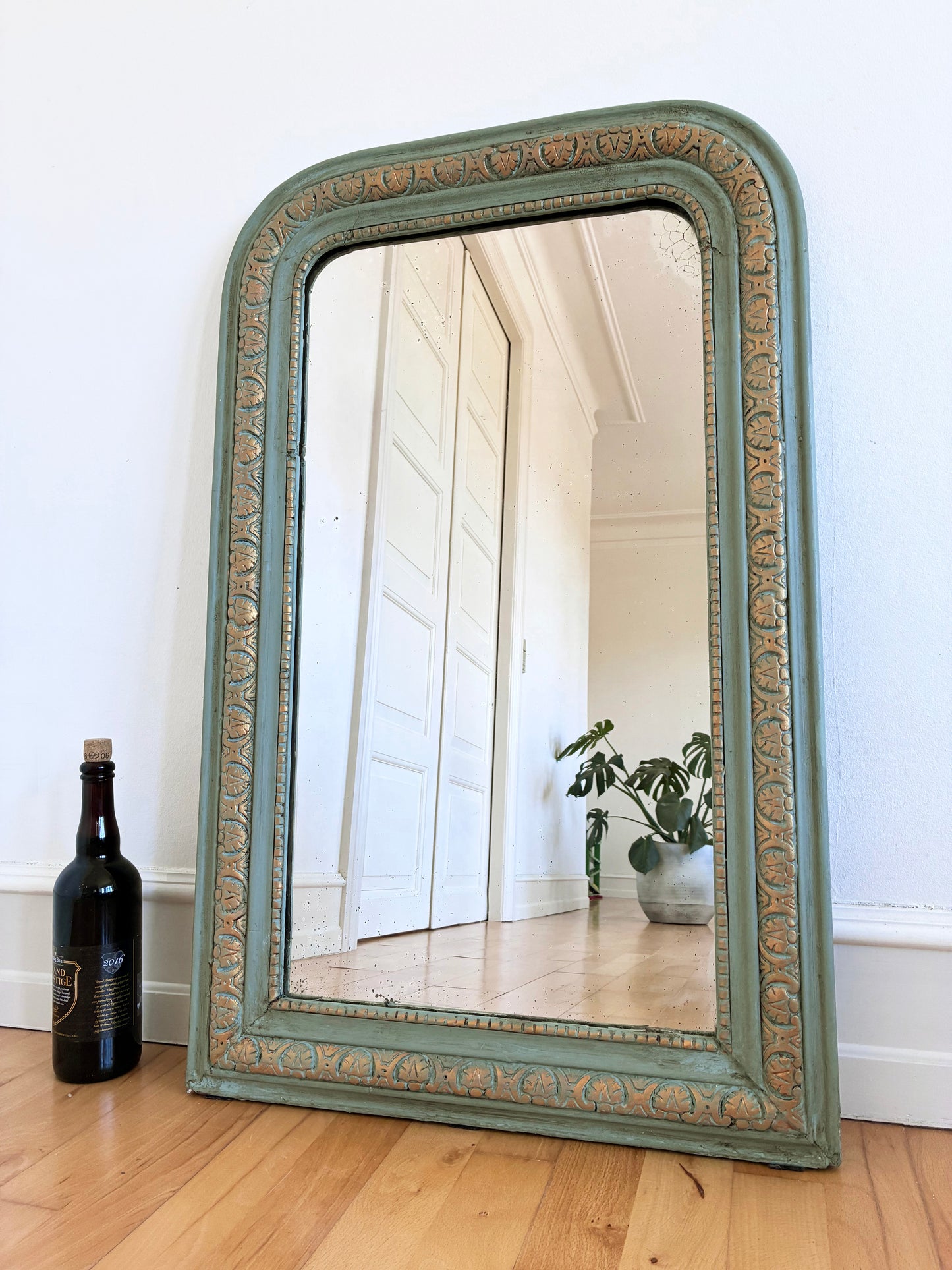 Large Antique French Louis Philippe Mirror – Green and Gold, Late 19th Century