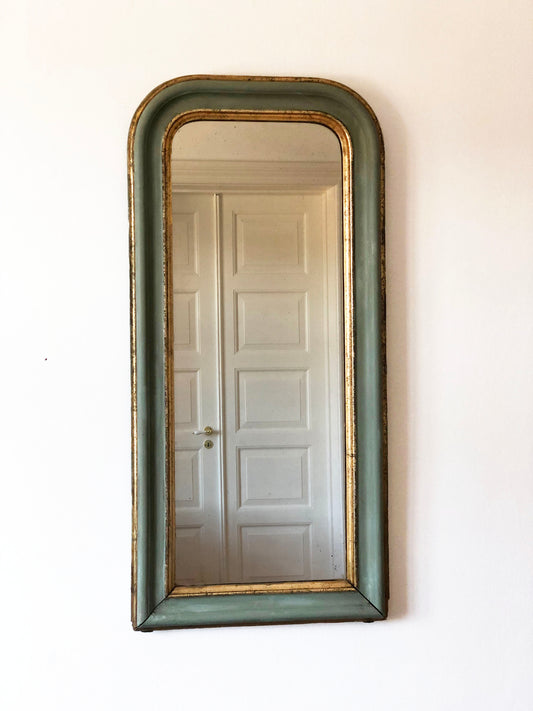 Antique Louis Philippe French Full length Mirror in Green and Gold, Late 19th Century