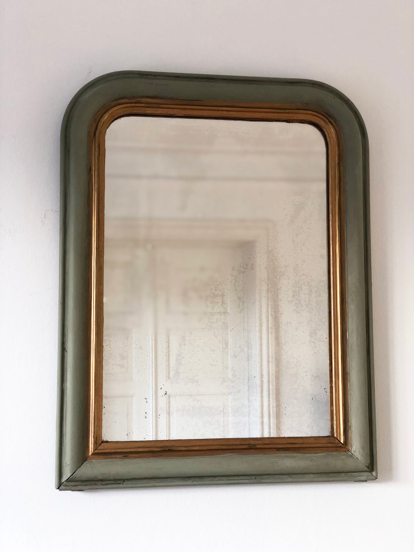 Antique Louis Philippe French Mirror in Green and Gold, Late 19th Century