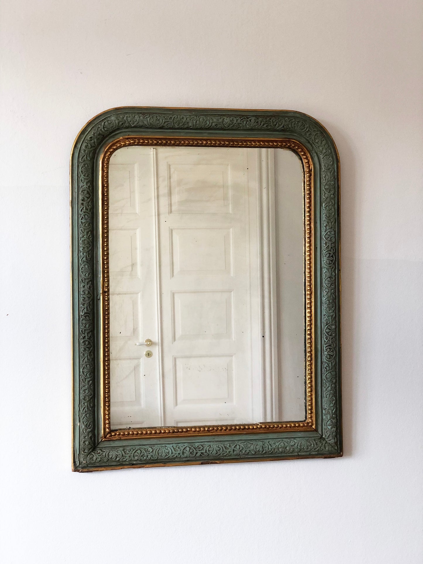 Antique Louis Philippe French Mirror in Green and Gold, Late 19th Century