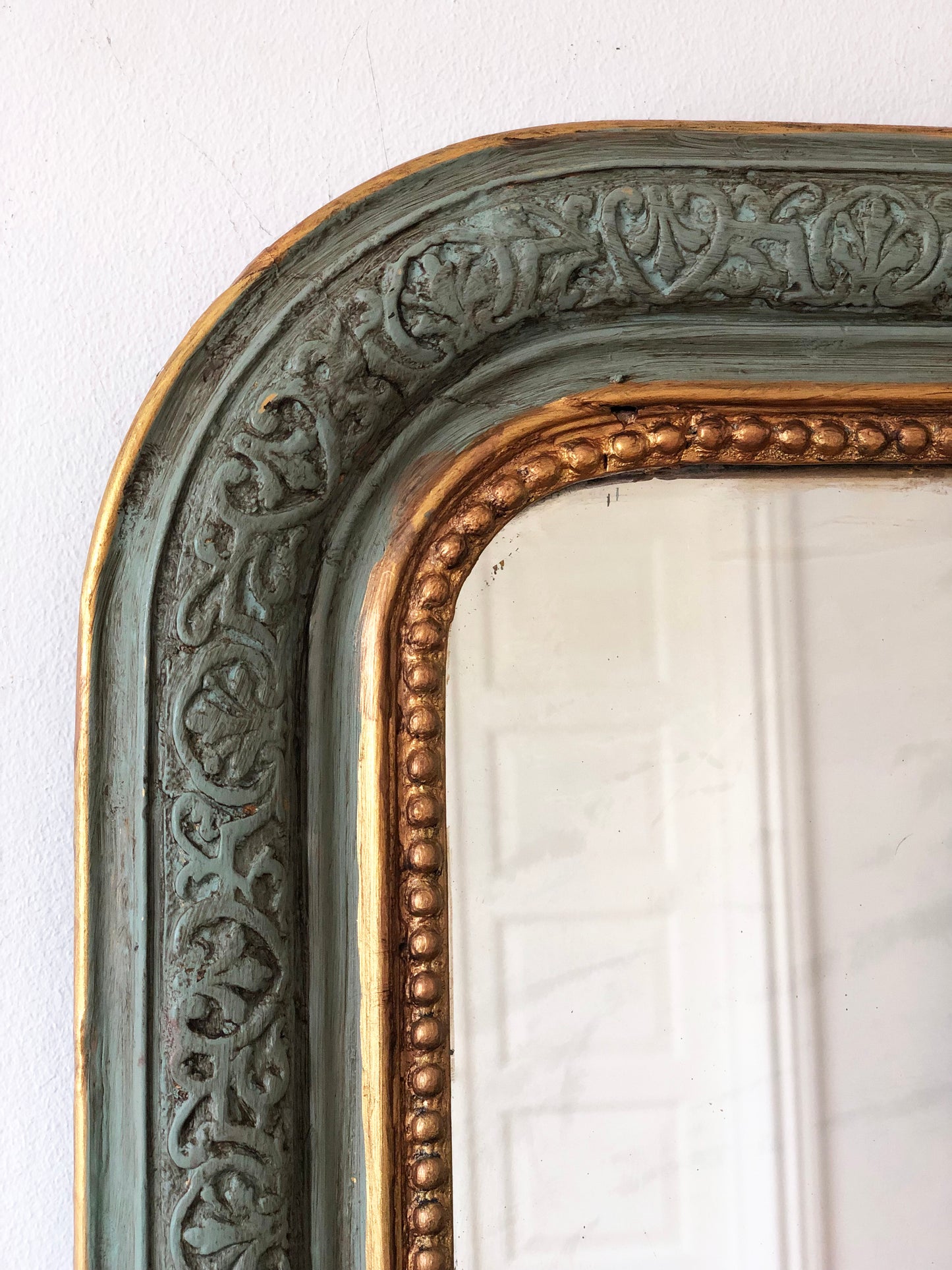 Antique Louis Philippe French Mirror in Green and Gold, Late 19th Century