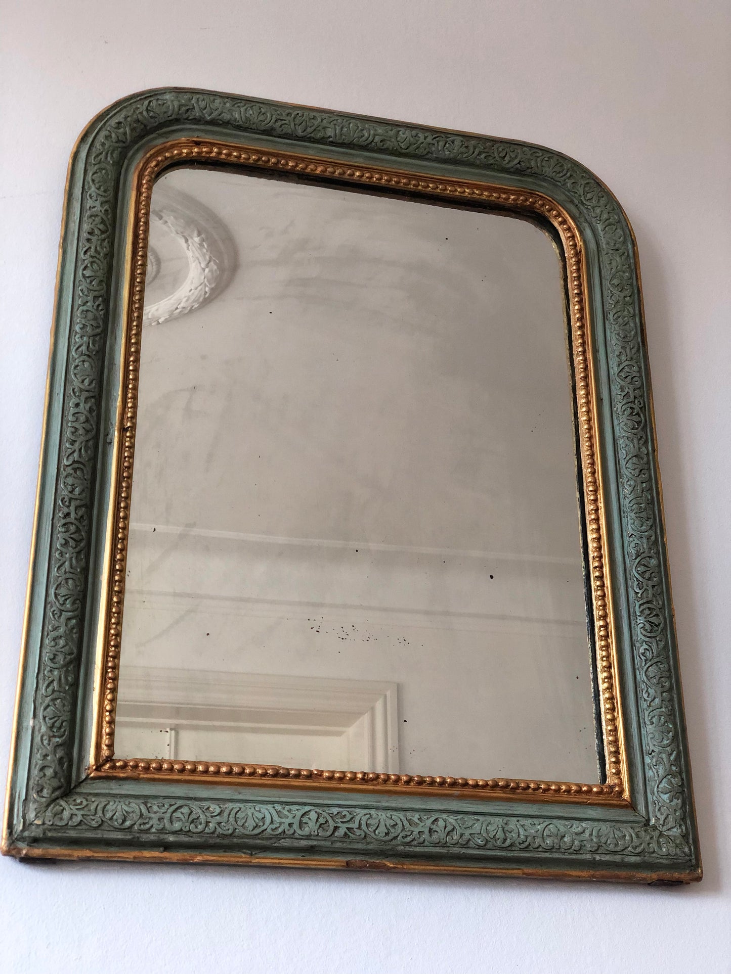 Antique Louis Philippe French Mirror in Green and Gold, Late 19th Century