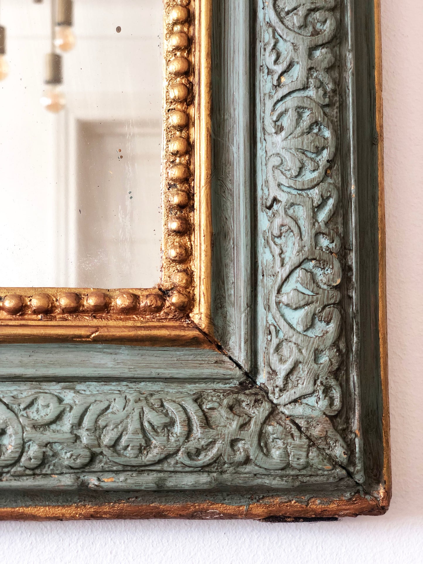 Antique Louis Philippe French Mirror in Green and Gold, Late 19th Century