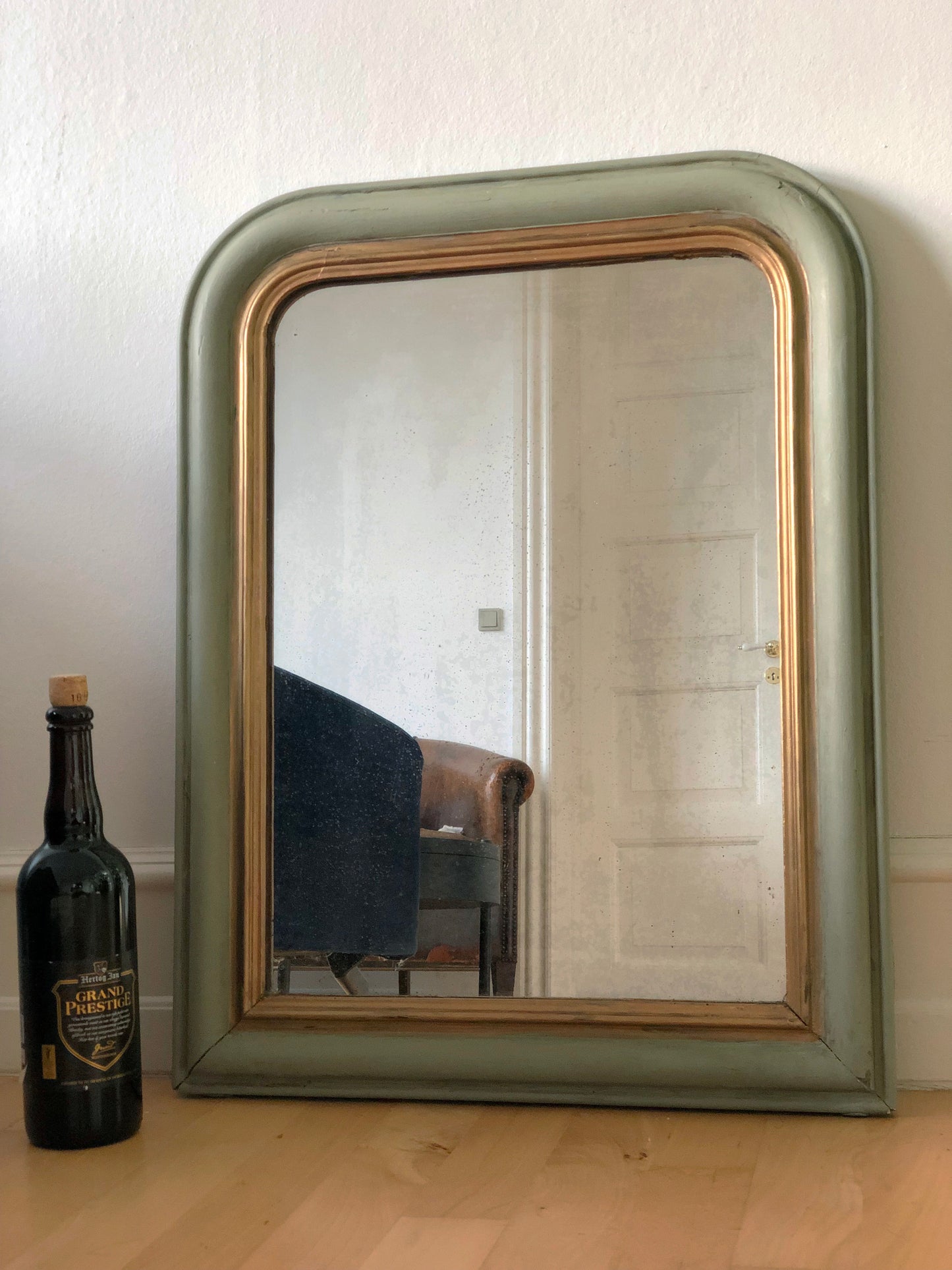 Antique Louis Philippe French Mirror in Green and Gold, Late 19th Century