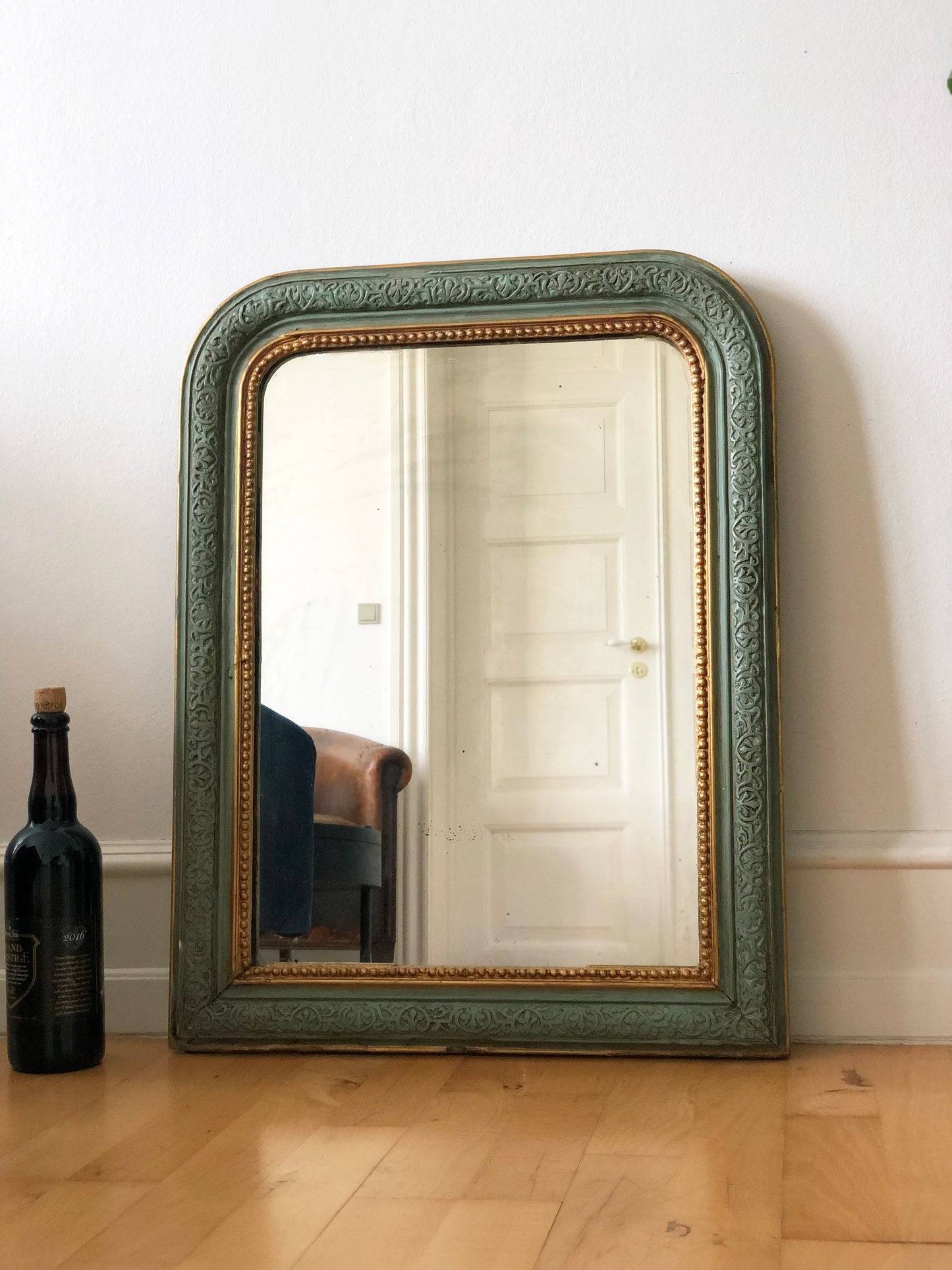 Antique Louis Philippe French Mirror in Green and Gold, Late 19th Century