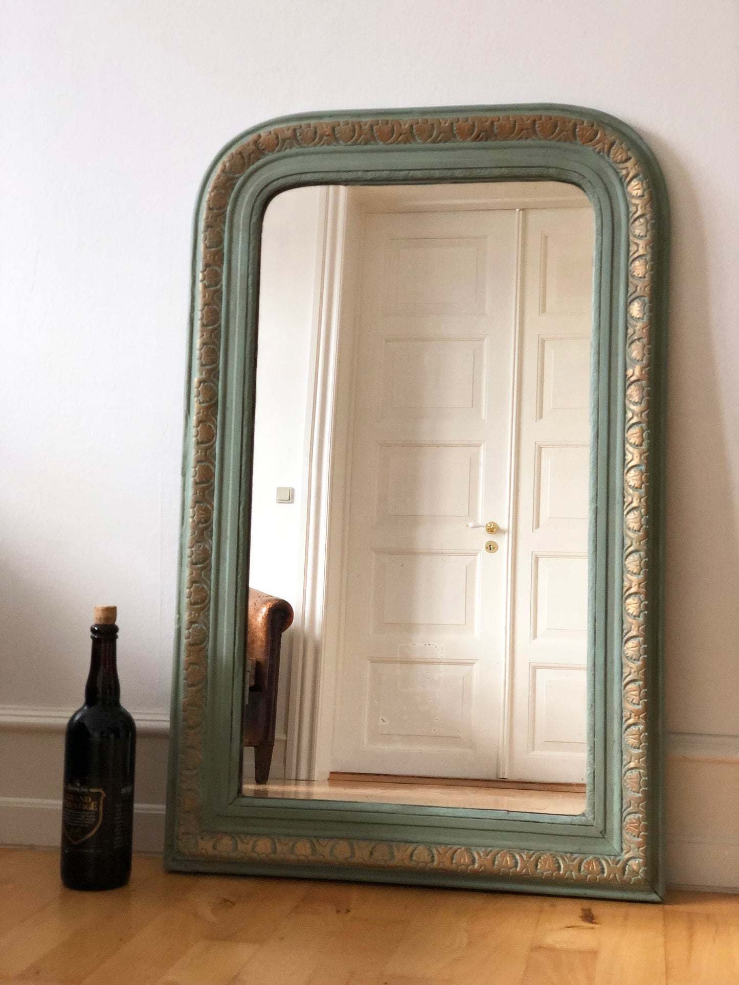 Large Antique Louis Philippe French Mirror in Green and Gold, Late 19th Century